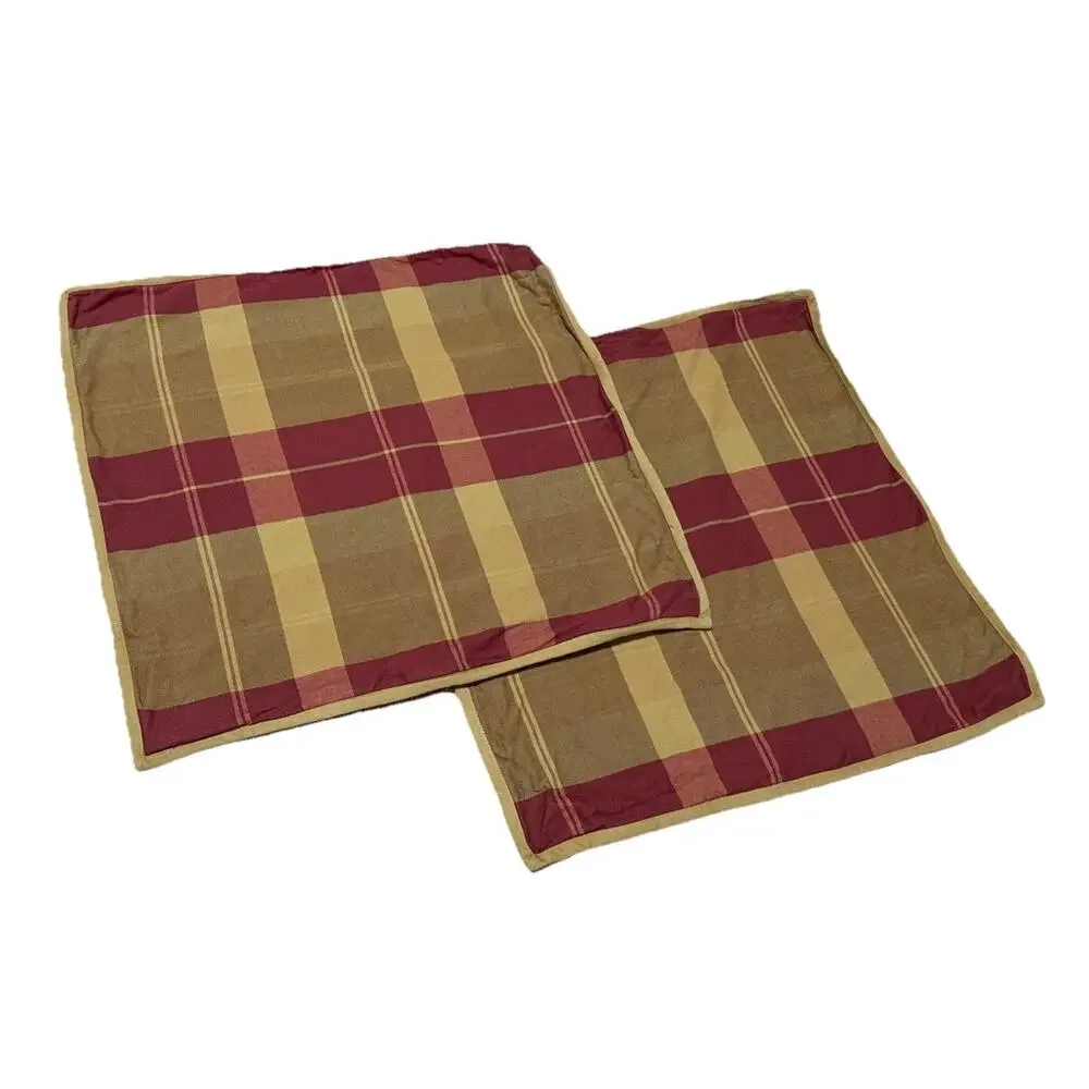 Ralph Lauren Gold Harvest Plaid Pillow Covers Zip Pillowcases Cotton Red Tan 22